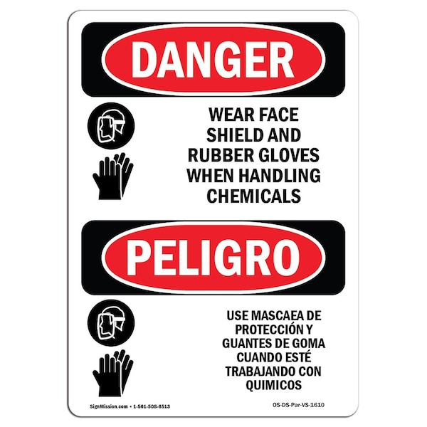 OSHA, Wear Face Shield Rubber Gloves Bilingual, 18in X 12in Rigid Plastic, 12" W, 18" H, Spanish